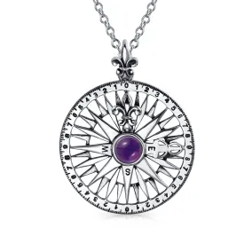 Purple CZ Fleur De Lis Nautical Rose Compass Pendant Sterling Silver